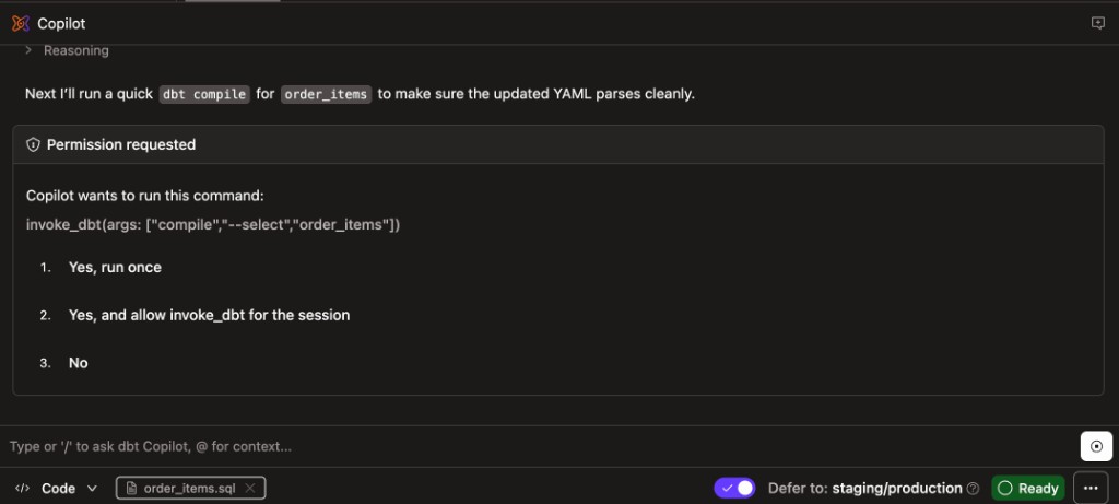 The Developer agent requesting permission to run a dbt command.